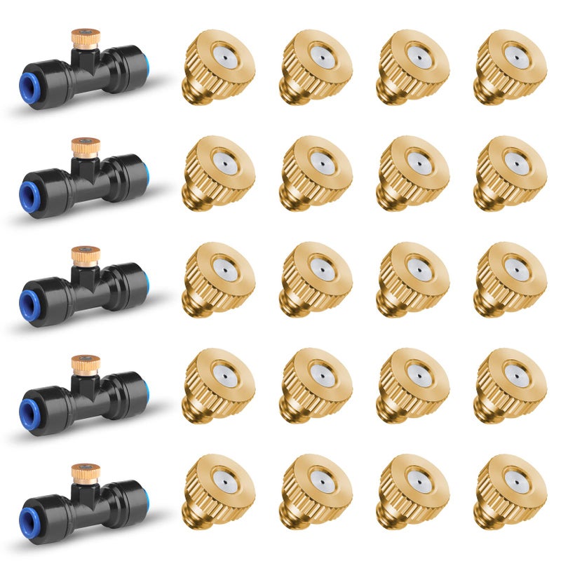 HOMENOTE 20 Pack Brass Misting Nozzles and 5 Pack Tee Misters for Outdoor Cooling System, Nozzles Replacements for 1/4 inch tubing, Patio Cooling, Garden Watering, Fan Mist System - Image 1