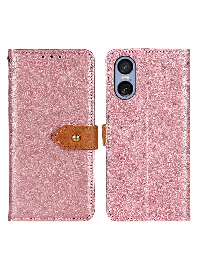 جرين تايجر جراب هاتف جلدي منقوش بالزهور الأوروبية لهاتف Sony Xperia 5 VI (وردي)