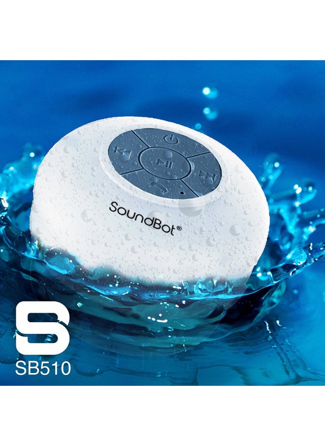 SoundBot - Soundbot SB510 HD Water Resistant Bluetooth 3.0 Shower Speaker, Handsfree Portable Speakerphone with Built-in Mic, 6hrs of Playtime, Control Buttons and Dedicated Suction Cup for Showers (White) - Image 1