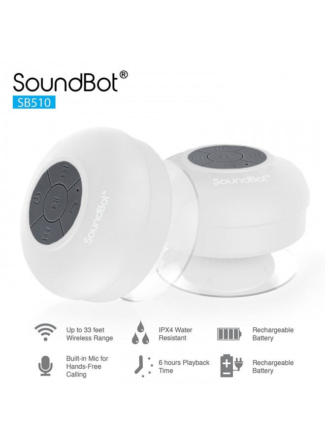 SoundBot - Soundbot SB510 HD Water Resistant Bluetooth 3.0 Shower Speaker, Handsfree Portable Speakerphone with Built-in Mic, 6hrs of Playtime, Control Buttons and Dedicated Suction Cup for Showers (White) - Image 1