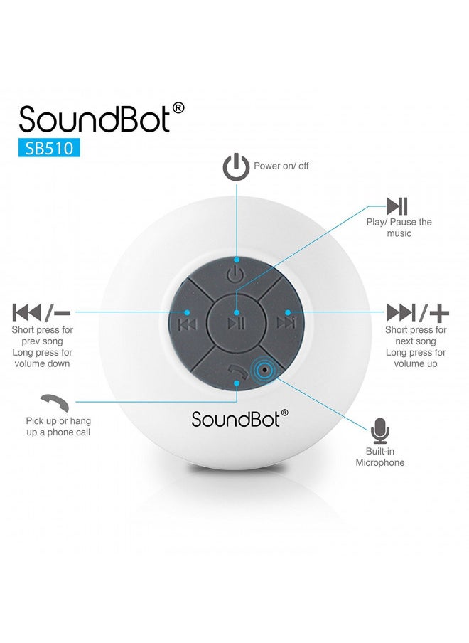 SoundBot - Soundbot SB510 HD Water Resistant Bluetooth 3.0 Shower Speaker, Handsfree Portable Speakerphone with Built-in Mic, 6hrs of Playtime, Control Buttons and Dedicated Suction Cup for Showers (White) - Image 1