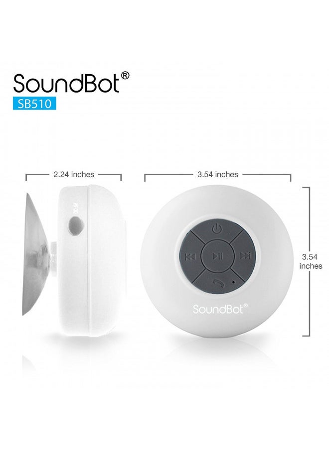 SoundBot - Soundbot SB510 HD Water Resistant Bluetooth 3.0 Shower Speaker, Handsfree Portable Speakerphone with Built-in Mic, 6hrs of Playtime, Control Buttons and Dedicated Suction Cup for Showers (White) - Image 1