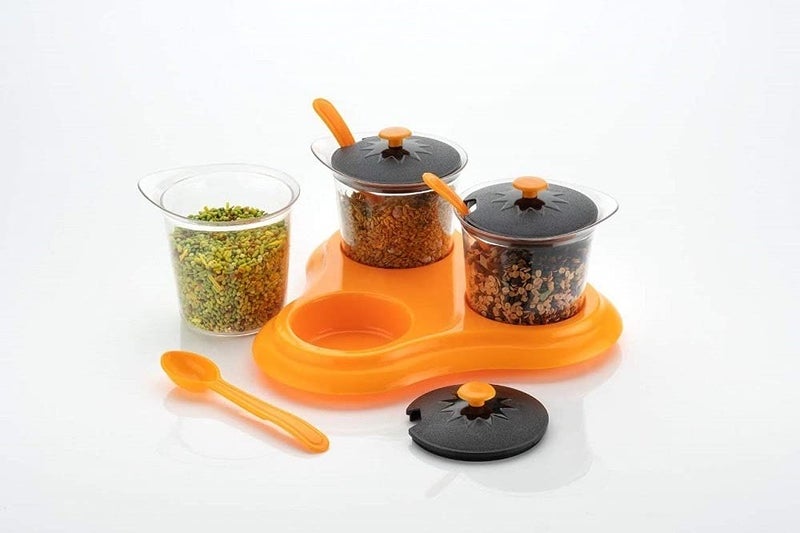 N M Z ABS Plastic 3 in 1 Dining Achar, Pickle, Masala Storage Jar Container Stand 1 Pcs Multi Color - Image 3