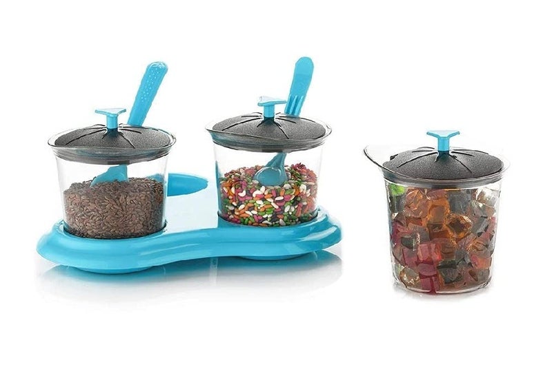 N M Z ABS Plastic 3 in 1 Dining Achar, Pickle, Masala Storage Jar Container Stand 1 Pcs Multi Color - Image 1