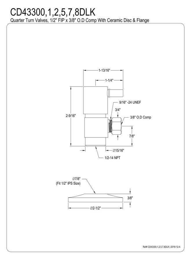 كينغ ستون براس قرص صلب فاخر من سيراميك Kingston Brass CD43308DLK بقطر 1/2 بوصة وقطر خارجي 3/8 بوصة، مضاد للتآكل، مزود بفلانش، مطلي بالنيكل المصقول - Image 2