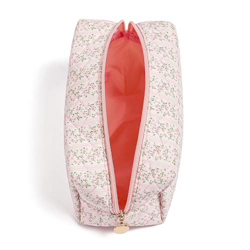 Gleyemor Small Quilted Makeup Bag for Women, Cute Floral Bow Cosmetic Bag, Emergency Bag Travel Toiletry Cotton Pouch Gifts for Girls Her Mom Friend Sister Bridesmaid (Pink Floral) - Image 2