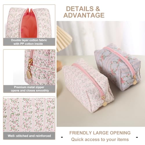 Gleyemor Small Quilted Makeup Bag for Women, Cute Floral Bow Cosmetic Bag, Emergency Bag Travel Toiletry Cotton Pouch Gifts for Girls Her Mom Friend Sister Bridesmaid (Pink Floral) - Image 3