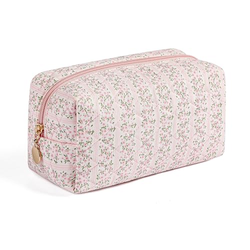 Gleyemor Small Quilted Makeup Bag for Women, Cute Floral Bow Cosmetic Bag, Emergency Bag Travel Toiletry Cotton Pouch Gifts for Girls Her Mom Friend Sister Bridesmaid (Pink Floral) - Image 1