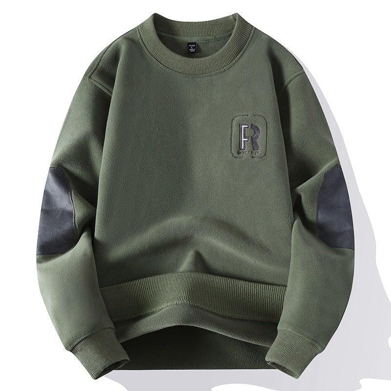 Double-sided Olympic Grain Fleece Sweater Mens Autumn and Winter fleece-lined Thickened Round Neck Base Shirt Middle School Students Warm Inner Top for Men Green 781 plus velvet