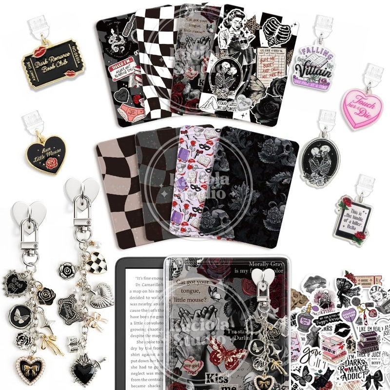 KACIOLA STUDIO 8PCS Inserts Cardstock Set for E-Reader, 6 Type C Charms and 2 Chains with 50PCS Stickers for Clear Case, 6.9"x4.8" Insert for Paper White11th/12th, Gifts for Booklovers (Dark Romance) - Image 1