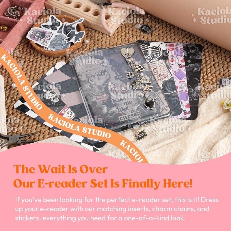 KACIOLA STUDIO 8PCS Inserts Cardstock Set for E-Reader, 6 Type C Charms and 2 Chains with 50PCS Stickers for Clear Case, 6.9"x4.8" Insert for Paper White11th/12th, Gifts for Booklovers (Dark Romance) - Image 2