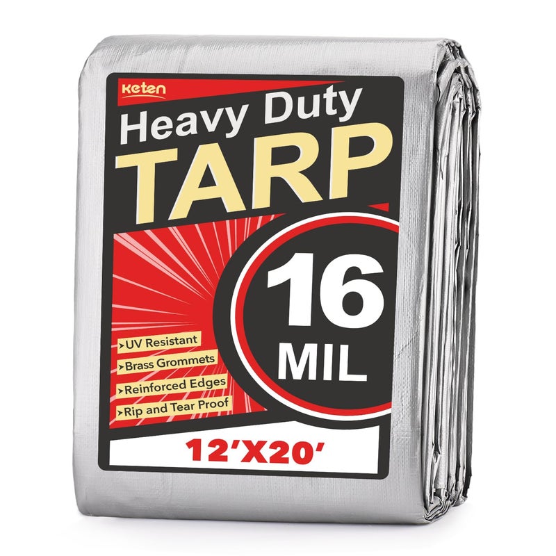 Keten Tarps Heavy Duty Waterproof 12X20 Feet, Extra Thick 16 Mil, Tear & Fade Resistant, UV Blocking, Outdoor Tarp with Reinforced Grommets for Roof, Camping, Patio, Pool, Boat(Silver/Black) - Image 1
