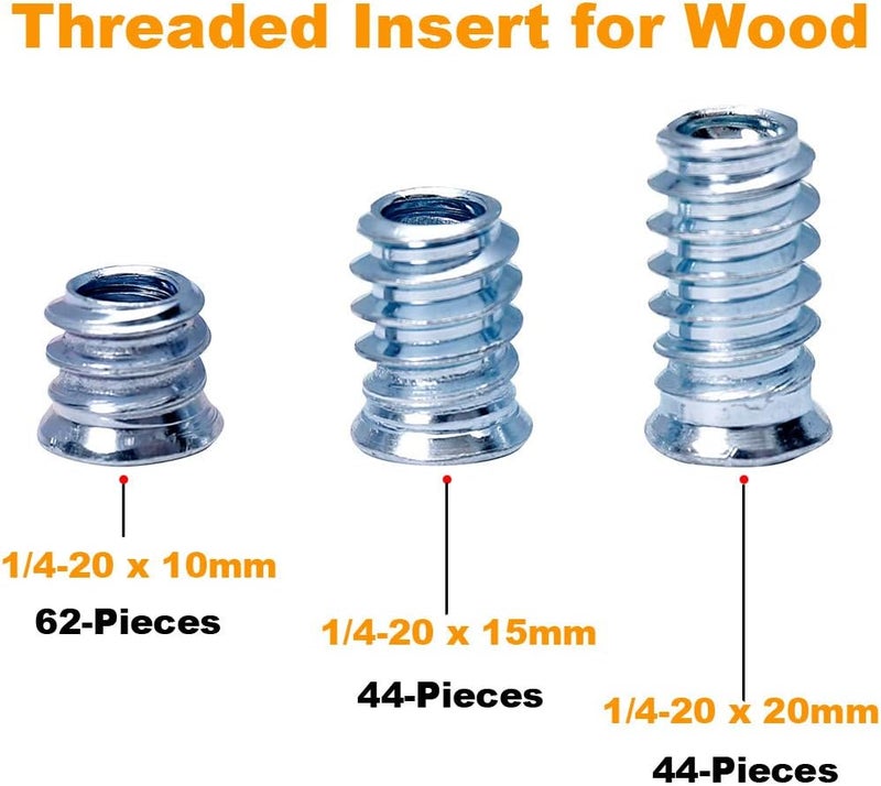 Sprite Science Threaded Insert for Wood 1/4-20 x 10mm 15mm 20mm Screw in Wood Insert Nut Kit 150 Pieces - Image 2