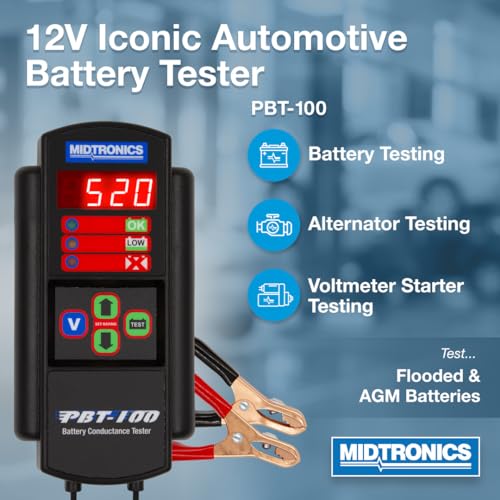 Midtronics ميدترونيكس - أداة تشخيص بطارية السيارات 12 فولت، PBT-100 - جهاز اختبار تحميل البطارية 200-850 CCA، نظام بدء التشغيل والشحن - اختبار التوصيل - تشخيص الخدمة، الصيانة الوقائية - Image 2
