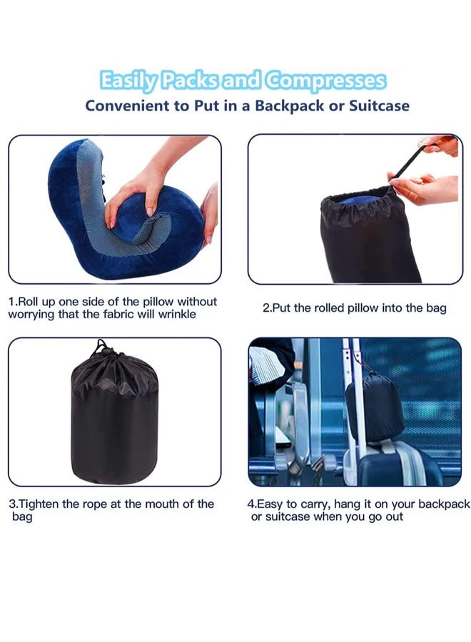 وسادة سفر للطائرة مصنوعة من إسفنج الذاكرة بنسبة 100% وسادة رقبة للطائرة وسادة دعم للرأس مع حقيبة تخزين مناسبة للنوم والراحة والسيارة، مجموعة وسائد السفر (أزرق) - Image 3