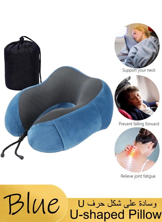 وسادة سفر للطائرة مصنوعة من إسفنج الذاكرة بنسبة 100% وسادة رقبة للطائرة وسادة دعم للرأس مع حقيبة تخزين مناسبة للنوم والراحة والسيارة، مجموعة وسائد السفر (أزرق) - Image 1