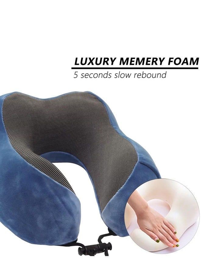 وسادة سفر للطائرة مصنوعة من إسفنج الذاكرة بنسبة 100% وسادة رقبة للطائرة وسادة دعم للرأس مع حقيبة تخزين مناسبة للنوم والراحة والسيارة، مجموعة وسائد السفر (أزرق) - Image 4