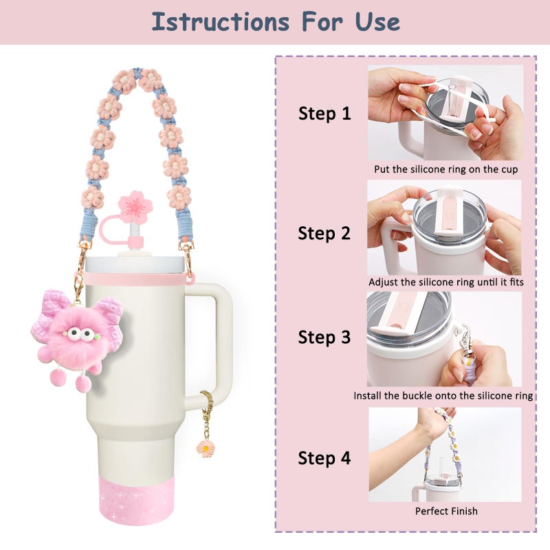 vikgle Stanley Cup Accessories Set for 40oz & 30oz Tumblers - Handle Strap, Spill-Proof Stopper, Silicone Straw Cover, Boot Base Protector, Keychain & Handle Charms(Pink) - Image 2