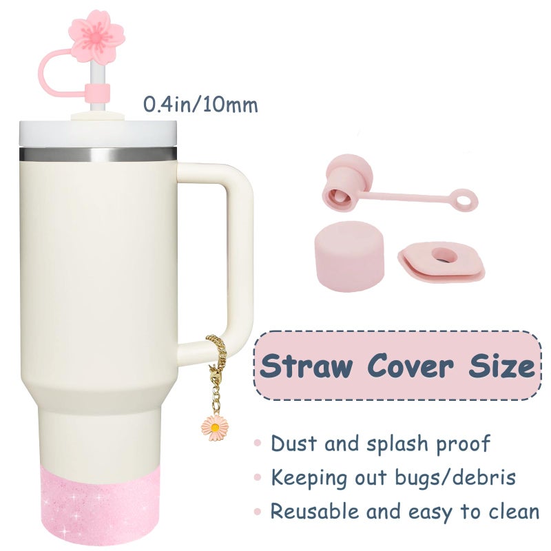 vikgle Stanley Cup Accessories Set for 40oz & 30oz Tumblers - Handle Strap, Spill-Proof Stopper, Silicone Straw Cover, Boot Base Protector, Keychain & Handle Charms(Pink) - Image 3