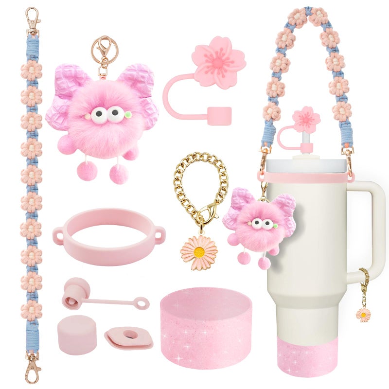 vikgle Stanley Cup Accessories Set for 40oz & 30oz Tumblers - Handle Strap, Spill-Proof Stopper, Silicone Straw Cover, Boot Base Protector, Keychain & Handle Charms(Pink) - Image 1