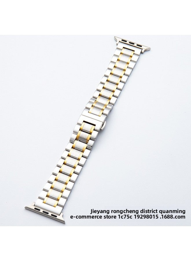 Suitable For Apple For Applewatch Five Beads Stainless Steel Butterfly Buckle Strap IWatch Smart Watch Strap-Color:[Applicable For Apple Interface 42-44-45-49]-silver Rose Gold