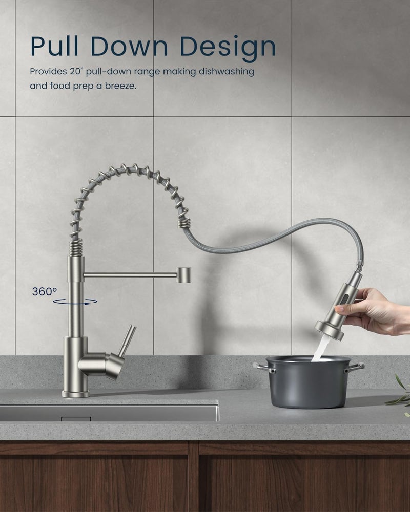 DAYONE Commercial Sping Kitchen Sink Mixer Brushed Nickel, Stainless Steel Kitchen Faucet with Pull Down 2 Modes, Sink Mixer Tap for 1 Hole - Image 3