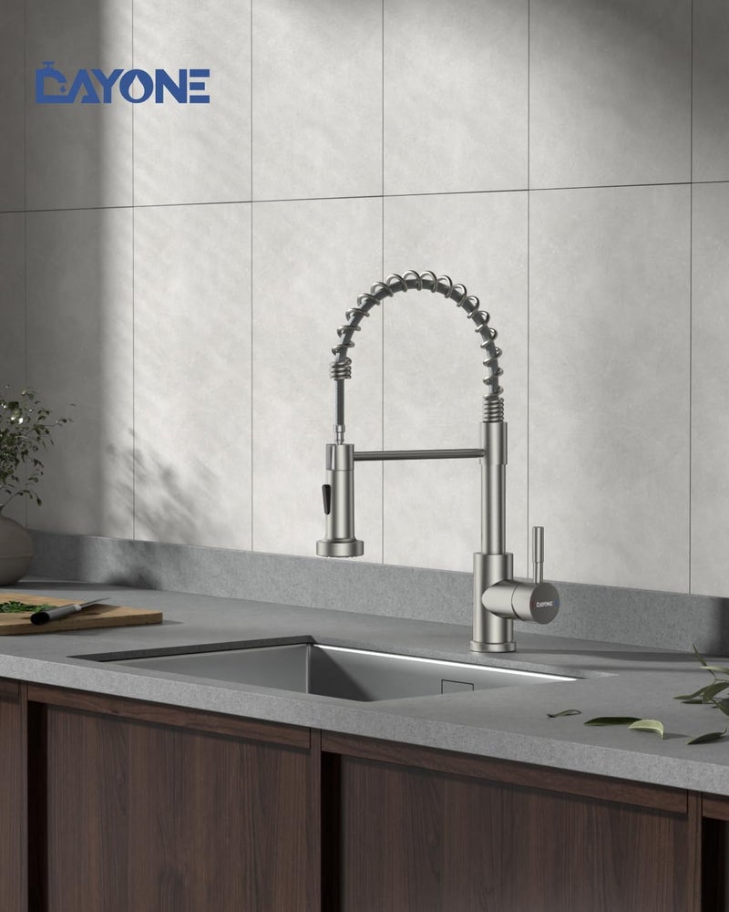 DAYONE Commercial Sping Kitchen Sink Mixer Brushed Nickel, Stainless Steel Kitchen Faucet with Pull Down 2 Modes, Sink Mixer Tap for 1 Hole - Image 2