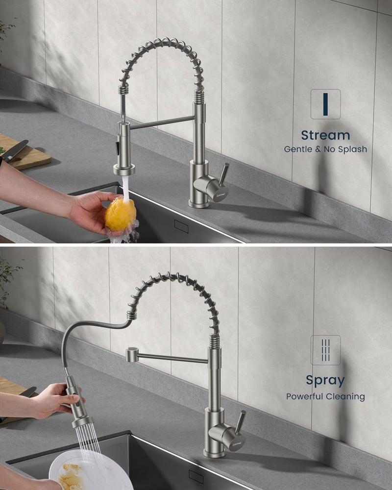 DAYONE Commercial Sping Kitchen Sink Mixer Brushed Nickel, Stainless Steel Kitchen Faucet with Pull Down 2 Modes, Sink Mixer Tap for 1 Hole - Image 4