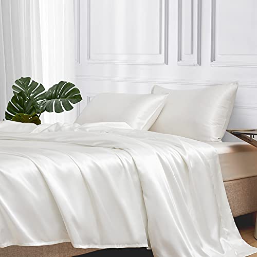 MR&HM Satin Bed Sheets, Queen Size Sheets Set, 4 Pcs Silky Bedding Set with 15 Inches Deep Pocket for Mattress (Queen, Ivory) - Image 1