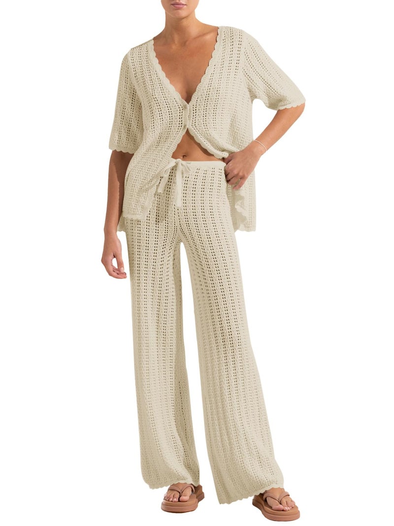 Imily Bela Women's Summer 2 Piece Swimsuit Cover up Crochet Knit Cardigan Tops Long Pants Set Bathing Suit Beach Outfit - Image 1