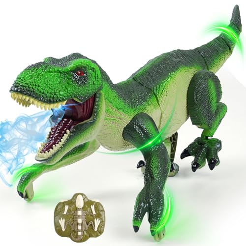 BEMITON Remote Control Dinosaur Toys for Kids Best Birthday Gifts for 3 4 5 6 7 8 9 10 11 12 Year Old Boys Realistic RC Walking Dino Toy with Light Roaring Spray Olive Green - Image 1