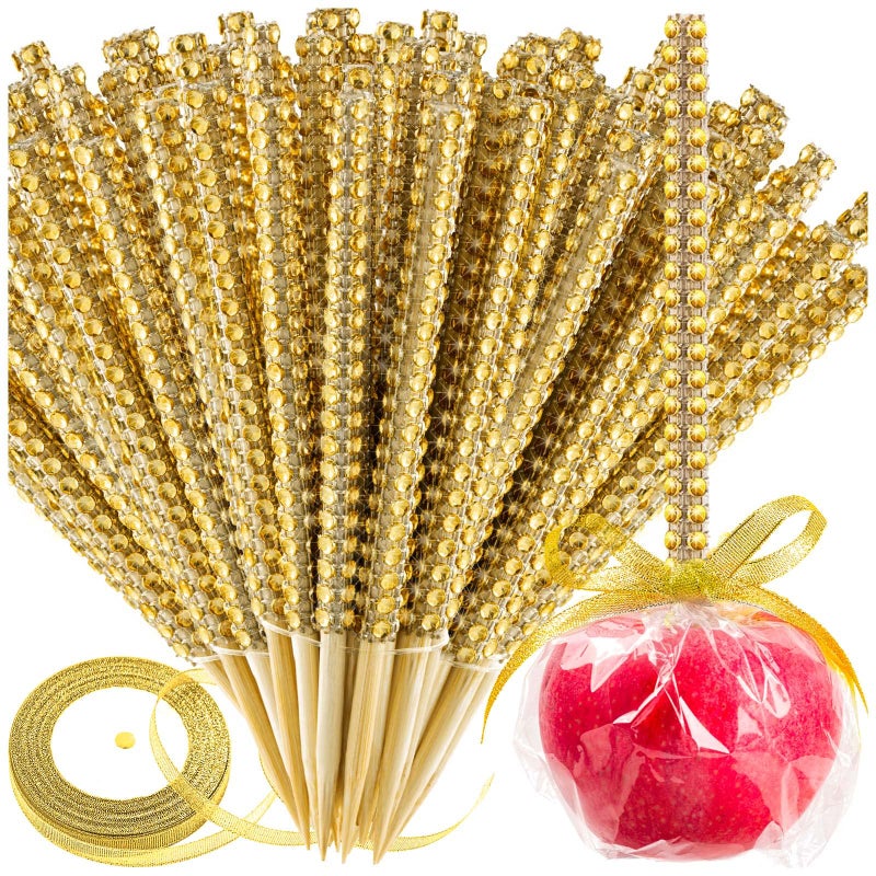 ZHBDMGK Bling Sticks for Candy Apples 26Pcs Caramel Apple Wooden Pointed Skewers with 26Pcs Glass Bag and 22Yd Glitter Ribbons Tie Fruit Cake Pop Chocolate Sliver Crystal Bamboo Sticks for Party Favor