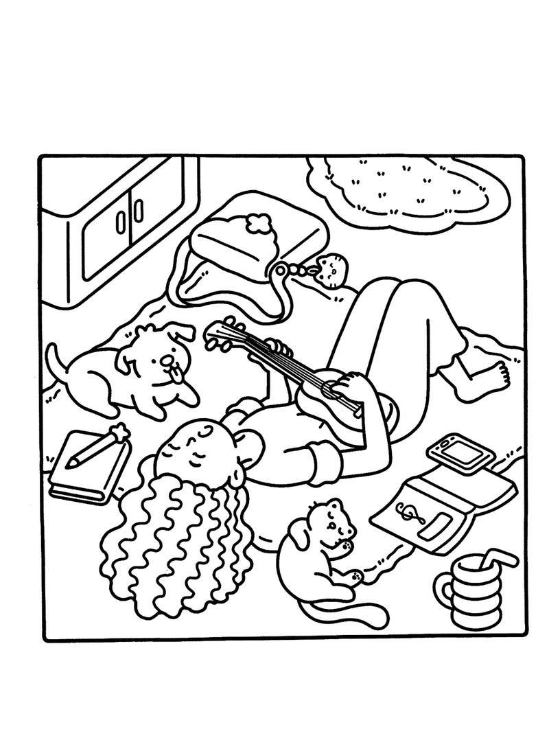 Cozy Times Coloring Book For Adults And Teens Featuring Girls Boys And Pets In Chill Moments And Relaxing Times For Relaxation - Image 5