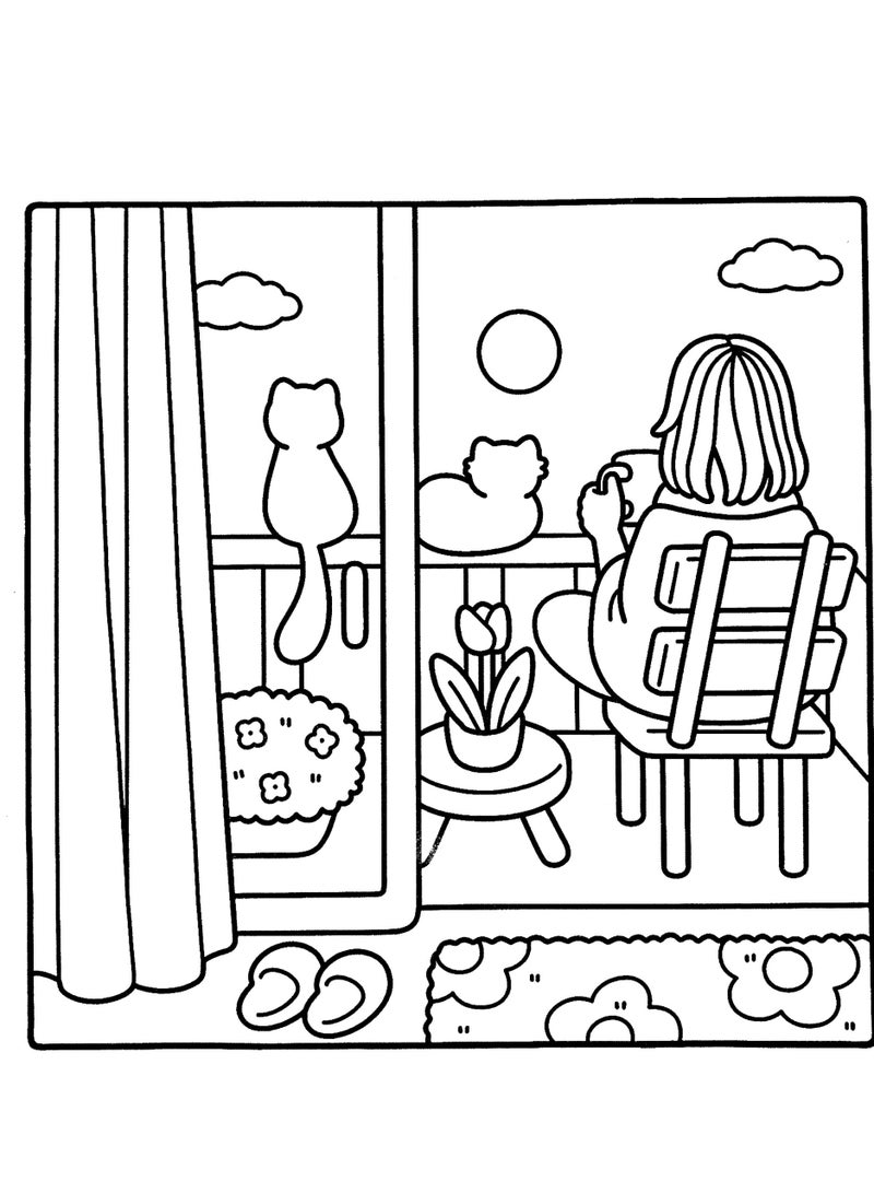 Cozy Times Coloring Book For Adults And Teens Featuring Girls Boys And Pets In Chill Moments And Relaxing Times For Relaxation - Image 4