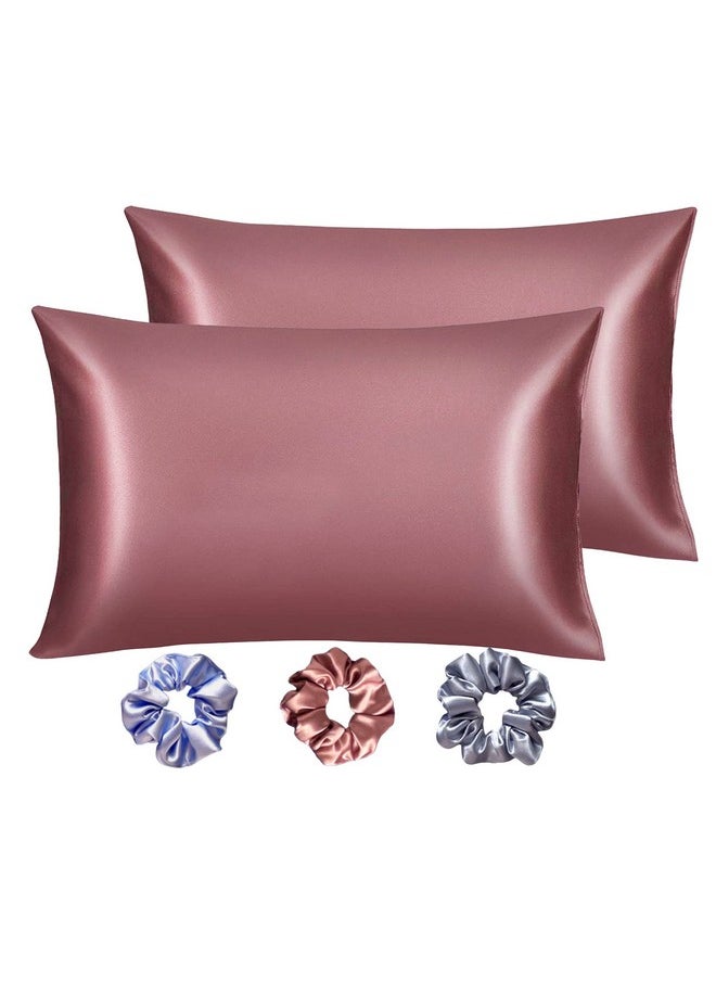 Silvr Bear - Silvr Bear Luxury Solid Satin Pillow Covers + 3 Scrunchies | Aesthetic Pillowcase-Standard - 18 X 27 Inches | Great For Hair And Skin | Combo Pack (Mauve, Luxe Satin), 250 TC, 5 Piece - Image 1