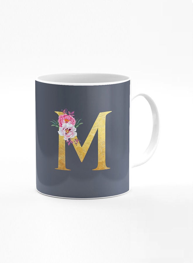 Stylizedd Stylizedd Designer Printed Coffee Mug 11oz Ceramic Personalised Gift Mugs Cup -Custom Monogram Initial Letter Floral Pattern Alphabet - M ( Bright Grey ) - Image 1
