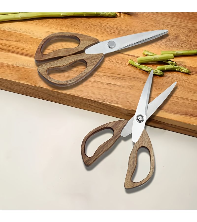 مقص مطبخ متعدد الاستخدامات من الفولاذ المقاوم للصدأ بمقبض خشبي طبيعي اللون، مريح وغير قابل للانزلاق لتقطيع اللحوم والخضروات - Image 2