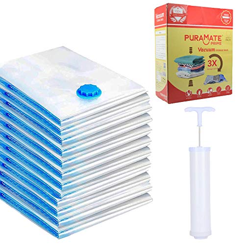 Puramate Prime Vacuum Storage Reusable Ziplock Smart Space Saver Bags (Pack of 12) - 3 S (40 cm*60 cm), 3 M (50 cm*70 cm), 3 L (60 cm*80 cm), 3 XL (80 cm*100 cm) with Portable Hand Pump - Image 1
