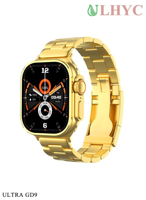 ساعة Ultra Watch Series 9 الذكية بإطار فولاذي مقاس 49 ملم وسوار فولاذي رياضي ذهبي وسوار من السيليكون