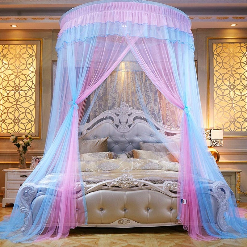 Mengersi Bed Canopy for Girls - Princess Elegant Lace Round Sheer Mesh Bed Curtains - Canopy for Girls Room Bedding Net for Twin Full Queen King Size (Pink and Blue) - Image 2