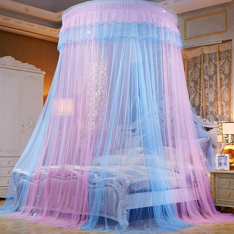 Mengersi Bed Canopy for Girls - Princess Elegant Lace Round Sheer Mesh Bed Curtains - Canopy for Girls Room Bedding Net for Twin Full Queen King Size (Pink and Blue) - Image 3