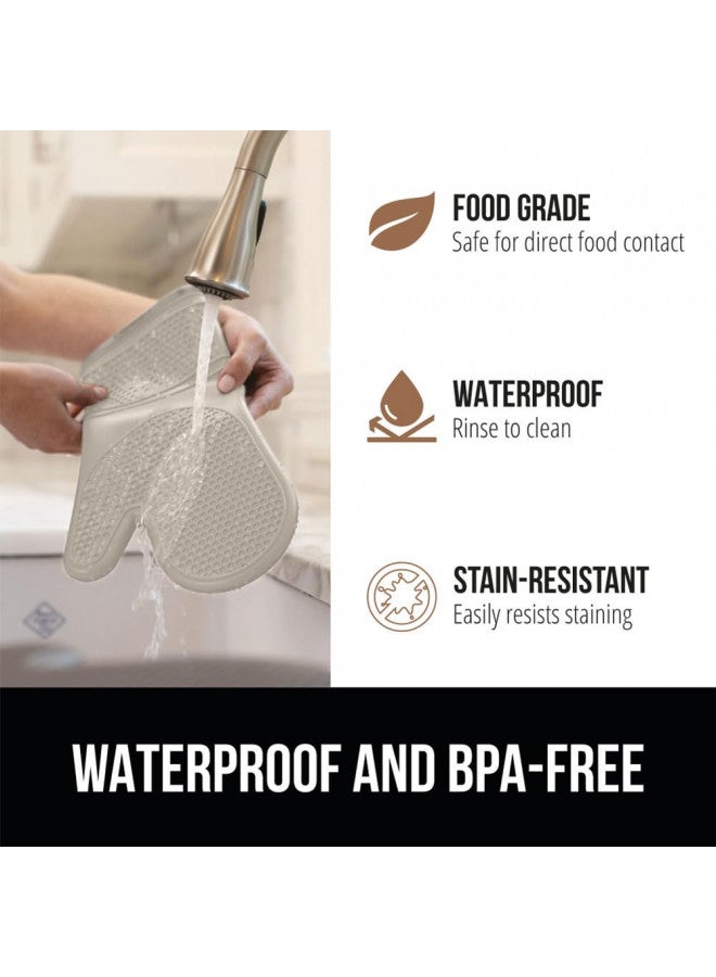 Gorilla Grip BPA-Free Soft Silicone Oven Mitts, Heat Resistant Thick Cotton Lined Cooking Mitt Set, 14.5" Extra Long Flexible Potholders Protect Hands, Kitchen Essential Waterproof Gloves, Almond
