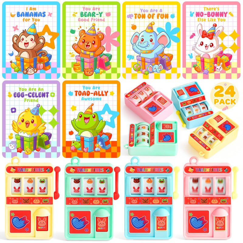 TooyBing Valentines Day Cards for Kids School, 24 Pack Valentines Day Gifts for Kids with Mini Slot Machine Toys, Funny Toys for Classroom Prize Exchange, Party Favors for Boys Girls, Goodie Bag Stuffers - Image 1