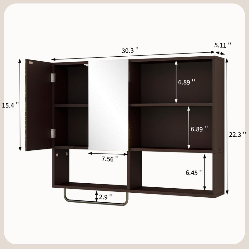 Vavkorkula Medicine Cabinet, Wooden Bathroom Wall Cabinet with 2 Doors, Adjustable Shelves & Towel Bar, Over Toilet Storage Cabinet Wall Mounted for Laundry with Mirror, Espresso - Image 2