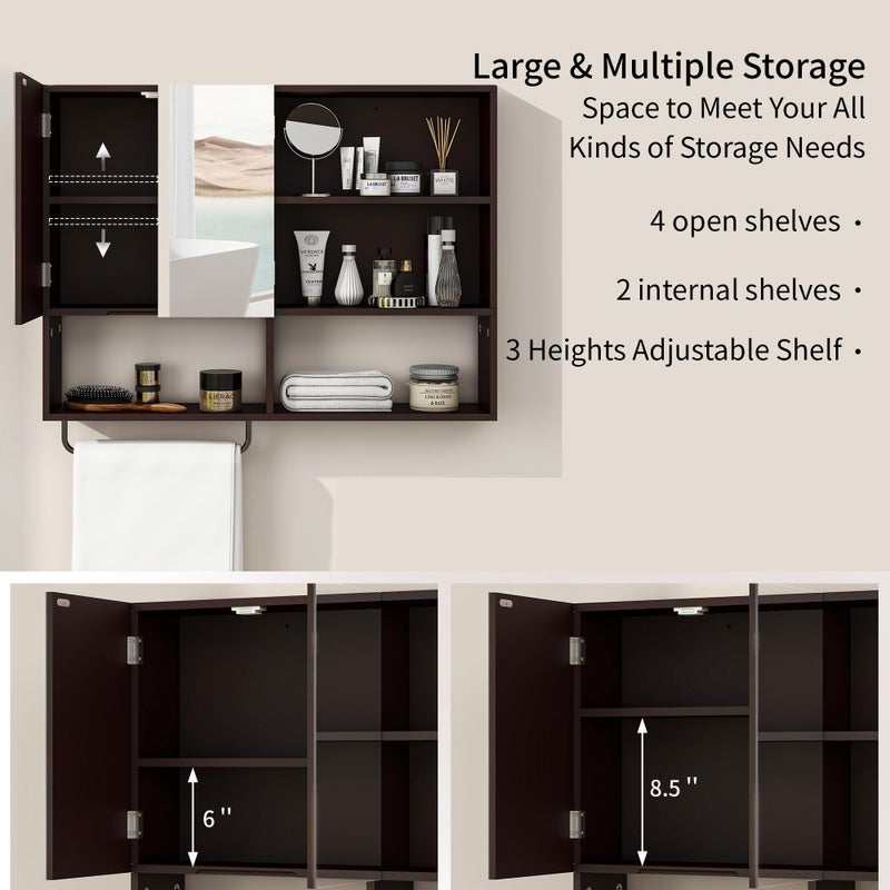 Vavkorkula Medicine Cabinet, Wooden Bathroom Wall Cabinet with 2 Doors, Adjustable Shelves & Towel Bar, Over Toilet Storage Cabinet Wall Mounted for Laundry with Mirror, Espresso - Image 3