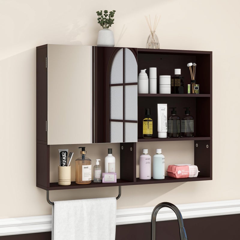 Vavkorkula Medicine Cabinet, Wooden Bathroom Wall Cabinet with 2 Doors, Adjustable Shelves & Towel Bar, Over Toilet Storage Cabinet Wall Mounted for Laundry with Mirror, Espresso - Image 1