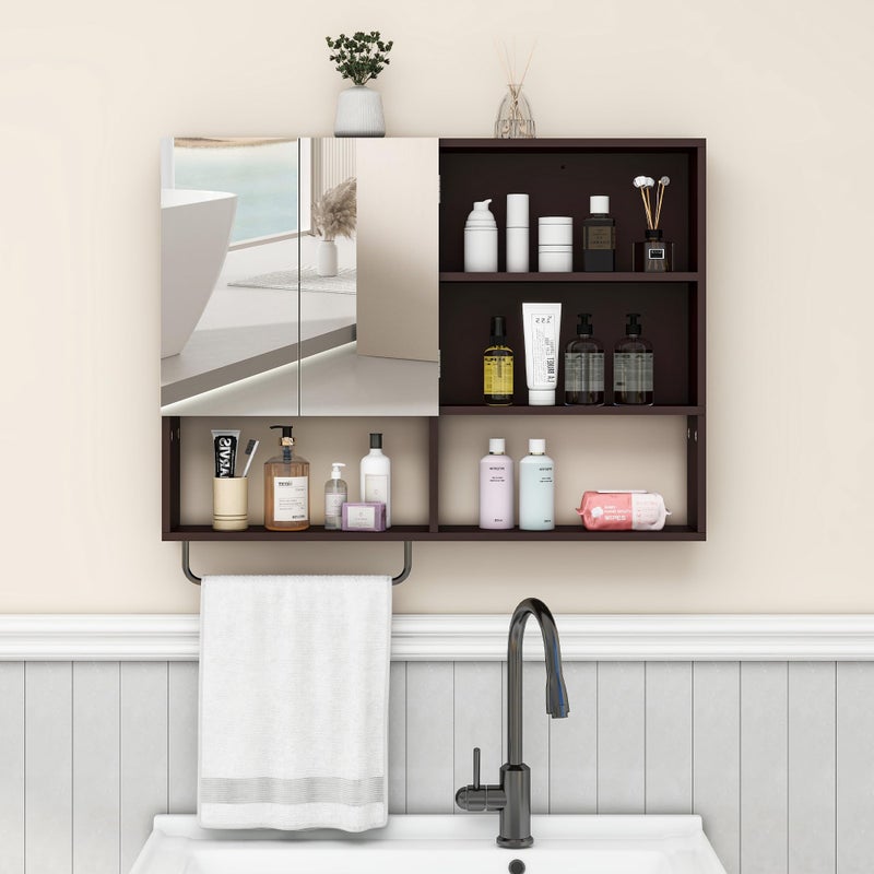 Vavkorkula Medicine Cabinet, Wooden Bathroom Wall Cabinet with 2 Doors, Adjustable Shelves & Towel Bar, Over Toilet Storage Cabinet Wall Mounted for Laundry with Mirror, Espresso - Image 5