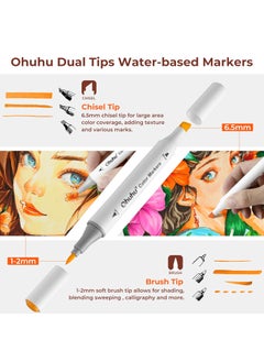 Ohuhu Ohuhu Brush Pen Set 60 Colours Sketch Pen Set Chisel & Brush Dual Tip Brush Pens Water-Based Sketch Pens Water Colour Set For Coloring Calligraphy Drawing W/1 Colorless Blender & Case,Multicolour  - Image 2