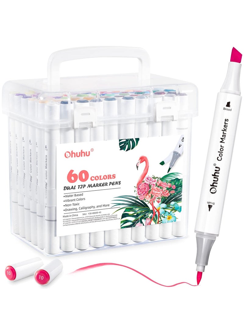 Ohuhu - Ohuhu Brush Pen Set 60 Colours Sketch Pen Set Chisel & Brush Dual Tip Brush Pens Water-Based Sketch Pens Water Colour Set For Coloring Calligraphy Drawing W/1 Colorless Blender & Case,Multicolour - Image 1