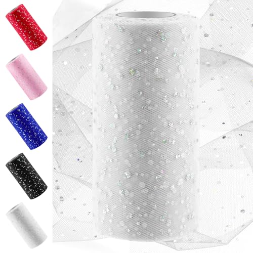 Swpeet 6 Inch by 50 Yards White Glitter Tulle Fabric Roll Fabric Spool Sparkling Tulle Ribbon Netting Polyester Spool for DIY Birthday Party Wedding Decorations Christmas Craft Supplies - Image 1